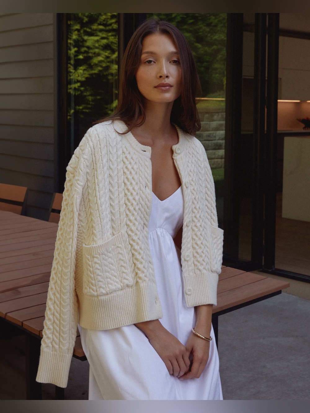 Few Moda Caara “Julianna” Cream Cable-Knit Button Cotton Cardigan Sweater